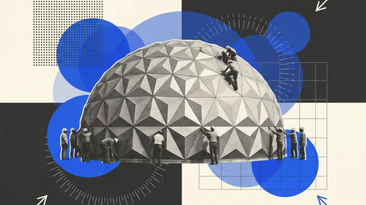 Dome with workers climbing on it.
