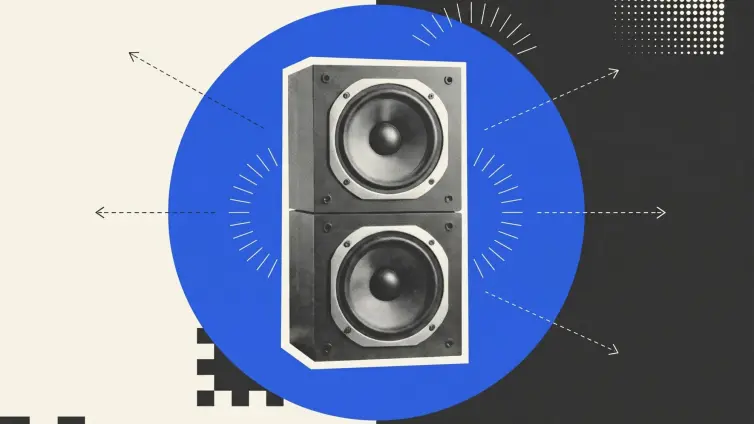 Illustration of a loudspeaker on a blue circle background.