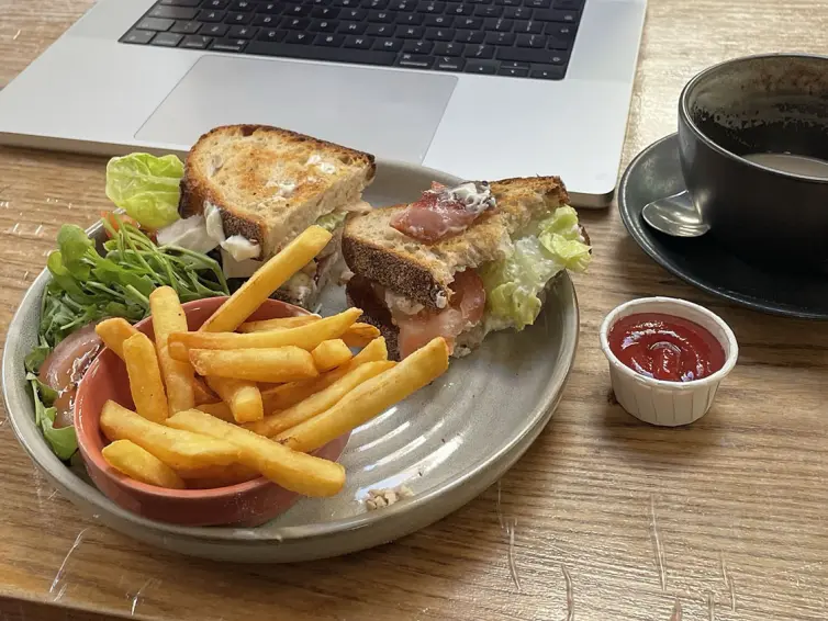 Chicken and Bacon on Soughdough bread at Pokusevski's in Heaton Moor.