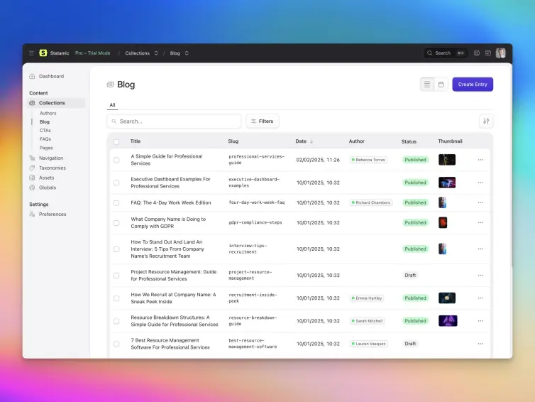 Screenshot of Statamic 6 control panel, showing a Blog Collection listing.