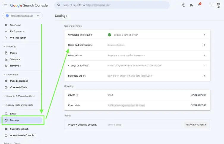 Google Search Console screenshot, settings.