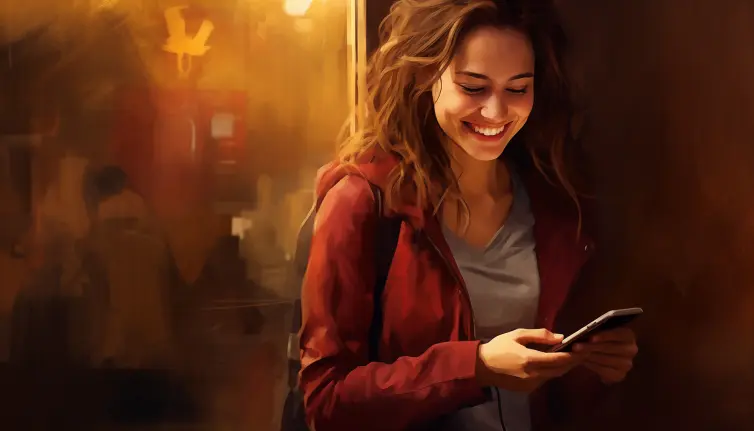 A woman happily glances at her phone, wearing a smile.