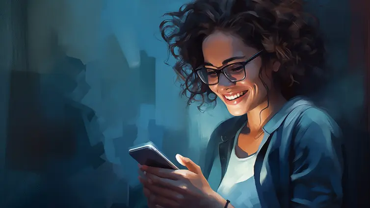 A woman wearing glasses is focused on her phone screen, engrossed in whatever she is viewing or doing on the device.